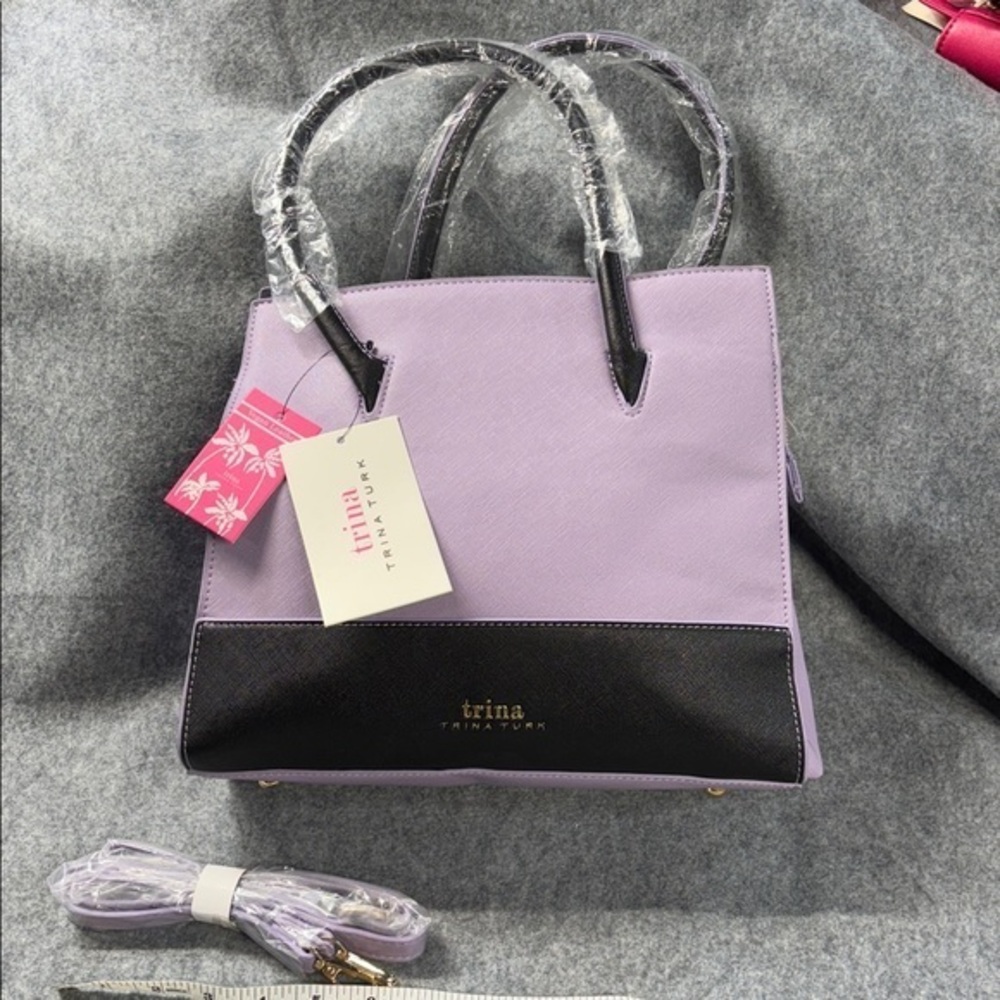 Trina Turk vegan leather color block lilac /black tote removable  strap purse